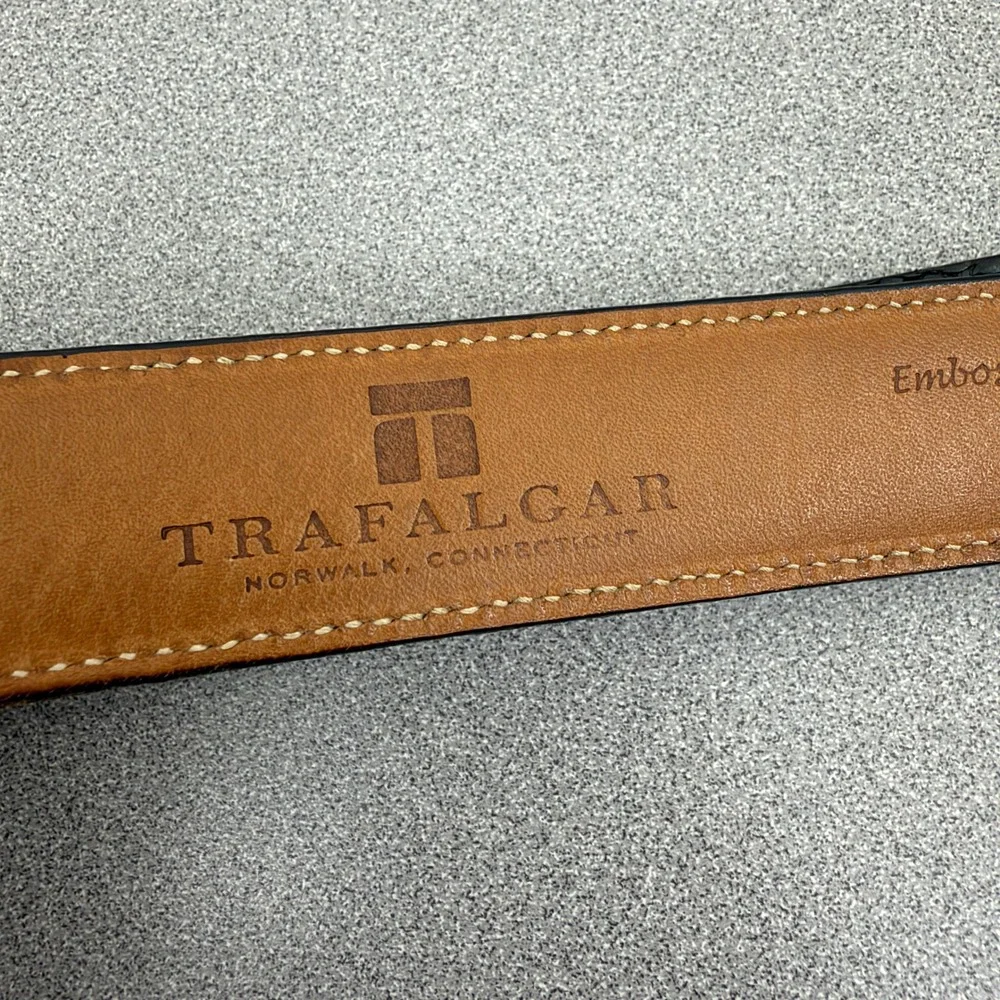 Trafalgar Belt Mens 34 Black Embossed Italian Calfskin Leather Dress Buckle